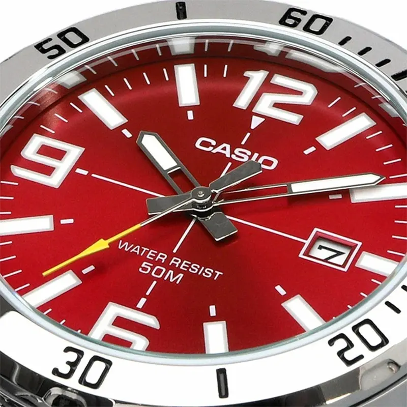 Casio Enticer Red Dial Silver Band Men's Watch- MTP-VD01D-4BV